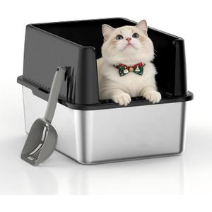 11.8" High Sided Cat Litter Box, Open-Top, Low Entry for Kittens & Small Cats, Stainless Steel Litter Pan Easy to Clean, Anti-Leak, Compact Space-Saving Size(17.3" L x 13.4" W  11.8" H)