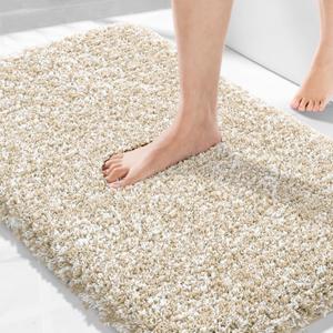 Yimobra Bathroom Rugs Non Slip Washable 36x24, Ultra Soft and Water Absorbent Bath Mats, Plush Fluffy Shower Mat Outside, Luxury Microfiber Thick Matts for Bathroom Floor/Tub, Light Beige and White