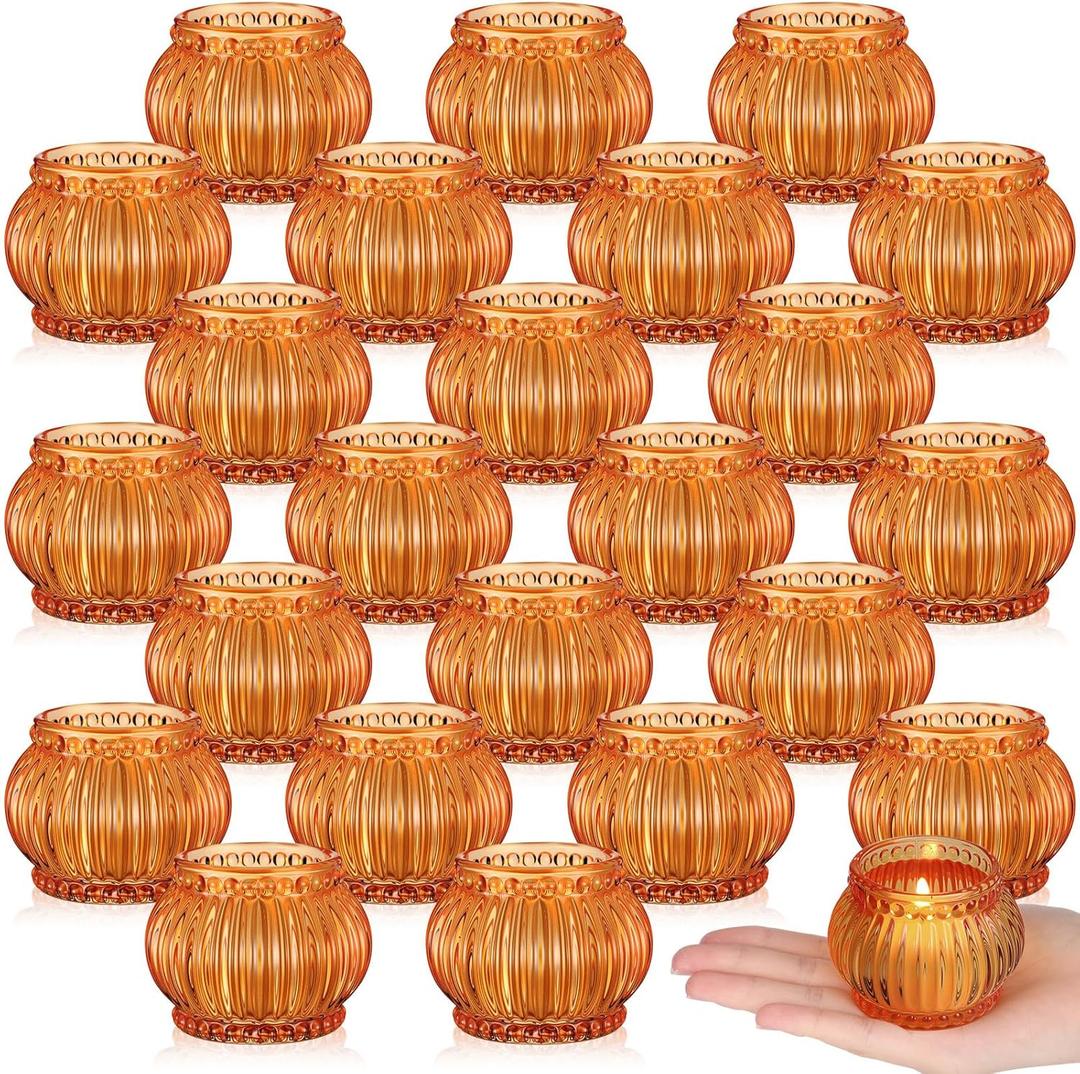 Mumufy 24 Pcs Thanksgiving Glass Votive Candle Holders Orange Pumpkin Tealights Candle Holder for Halloween Fall Table Centerpieces Wedding Birthday Anniversary Parties Decorations for Home