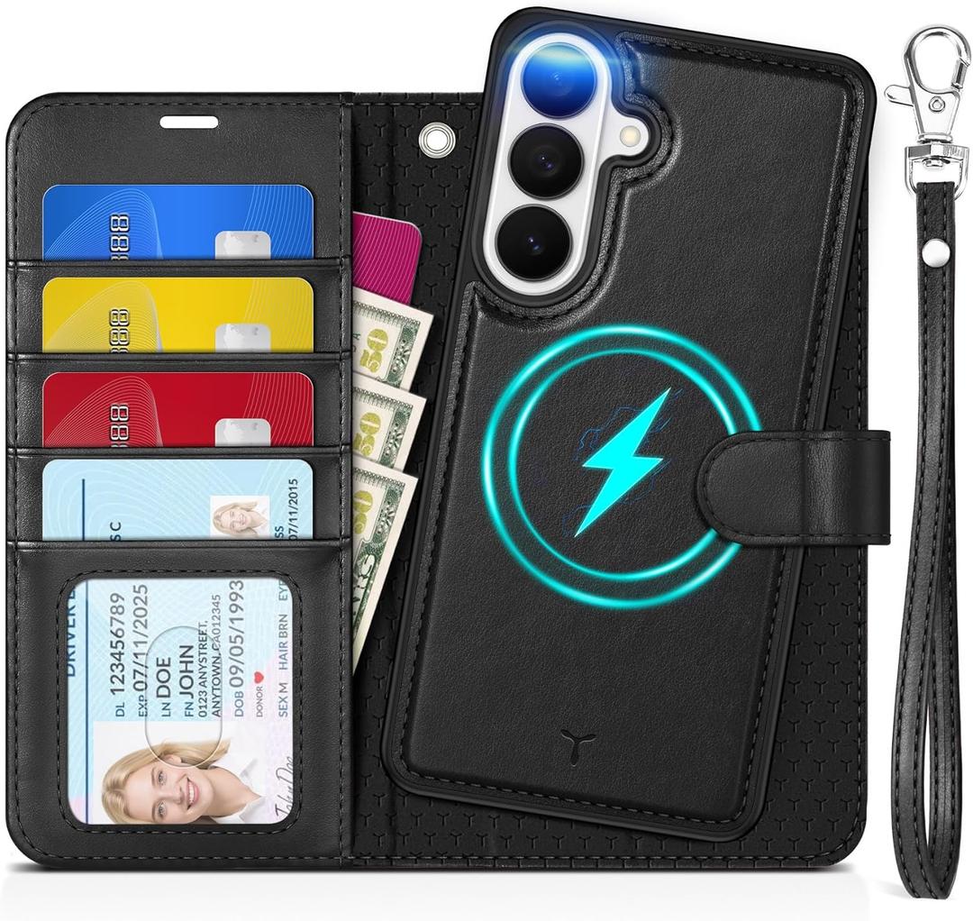 TUCCH Detachable Wallet Case for Galaxy S26+ Plus (6.7"), Wireless Charging RFID Blocking 4 Card Holders Wrist Strap, Kickstand Magnetic PU Leather Protective Flip Cover for Galaxy S26+ 2026, Black
