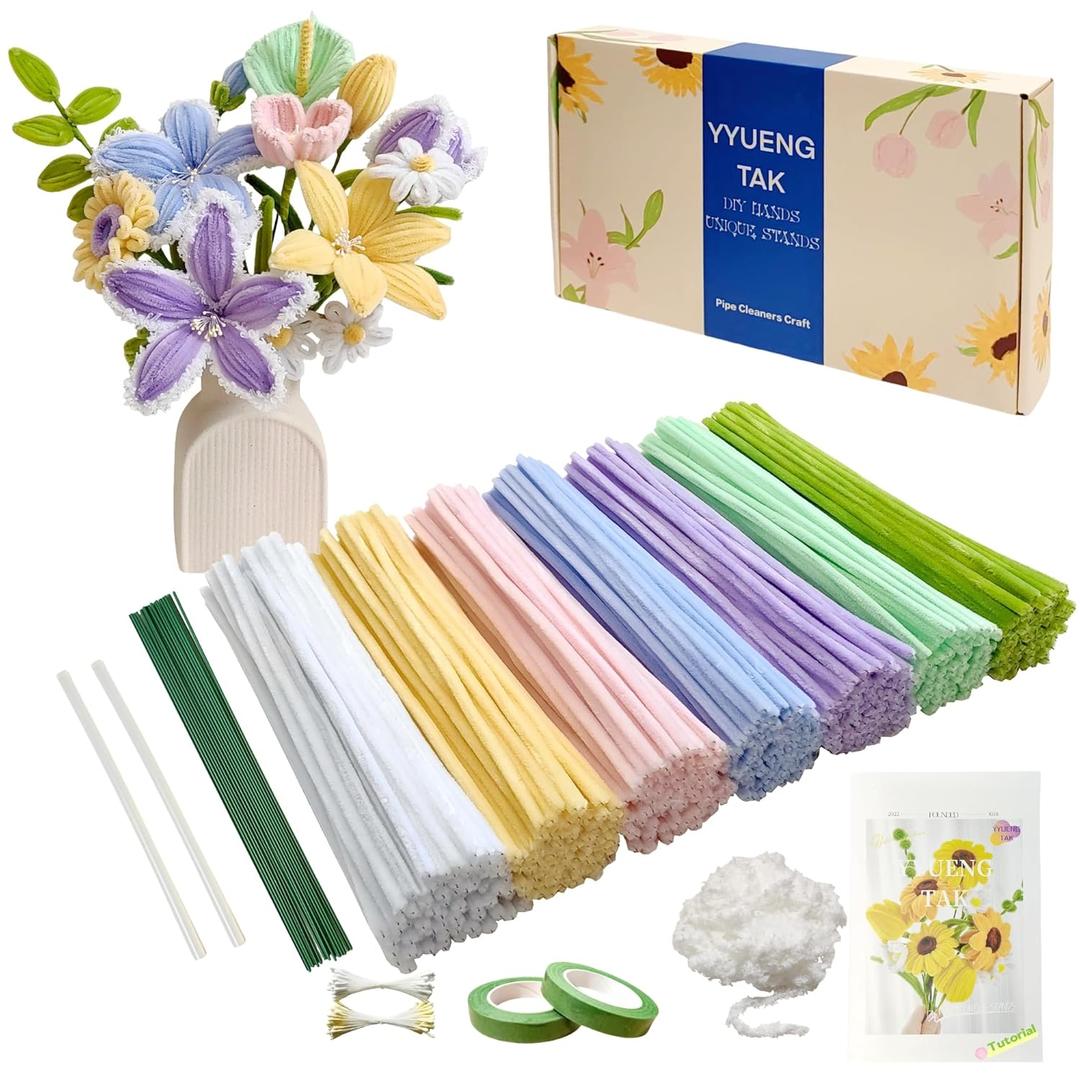 YYUENGTAK 350 Pcs Pipe Cleaners Flower kitMacarons with tutoria,Fluffy Yarn,Green Floral Wires,Gardening Tape,100 StamensPipe Cleaners Craft,Chenille Stems for DIY Art Projects Creative Gift Decor