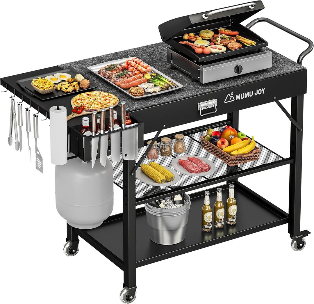 Grill Cart, 19 inch,3 Tier Foldable Grill Table with Wheels 500 Lb
