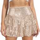 BILIKE JOMEX Womens Sequin Mini Skirt with Shorts Layered Ruffle High Waist Flowy Sparkly Glitter Skirt S