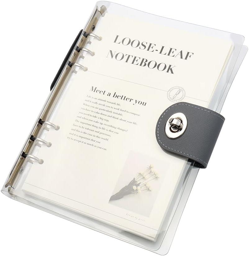 Clear A5 Refillable Notebook Binder with 90 Sheets Lined Paper Silver 6-Ring Soft Transparent PVC Binder Cover Protector Shell Loose Leaf Journal Folders with PU Leather Lock Catch Closure