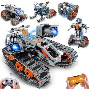 5-in-1 Building Toys with LED Light, APP & Remote Control Building Block Set, 604 PCS RC Tech Rechargeable Tank Robot Sleigh Tracked Racer Toy, Gift for Kids Boys Girls Ages 6 7 8 9 10 11 12+