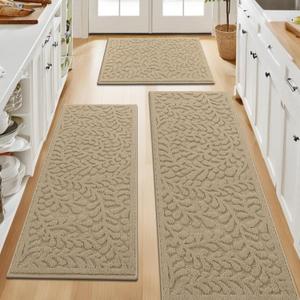 SHACOS Kitchen Rugs Sets of 3 Non Slip Washable Polypropylene Low Pile Absorbent Resist Dirt Kitchen Floor Mat 3 Piece for Entryway, Hallway, Front of Sink (17"x30"+17"x47"+17"x59", Leaves Beige)
