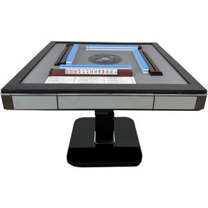 USA MJ Table Skyline Elite 30 Premium Automatic Mahjong Table American Mah Jong Edition 30mm Tiles, Black Glass Cover, Light Blue Glass Frame, Folding Design with Wooden Racks & Pushers