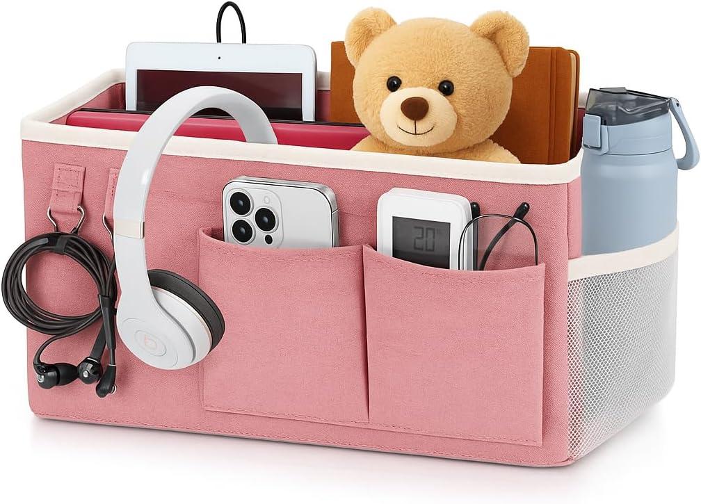 Bedside Caddy Organizer Hanging Storage Bag with Pockets for Books, Magazines, Phone, Tablet & Water Bottle  Bedside Storage for Dorm, Bunk Beds, Hospital Beds & Cribs, Pink