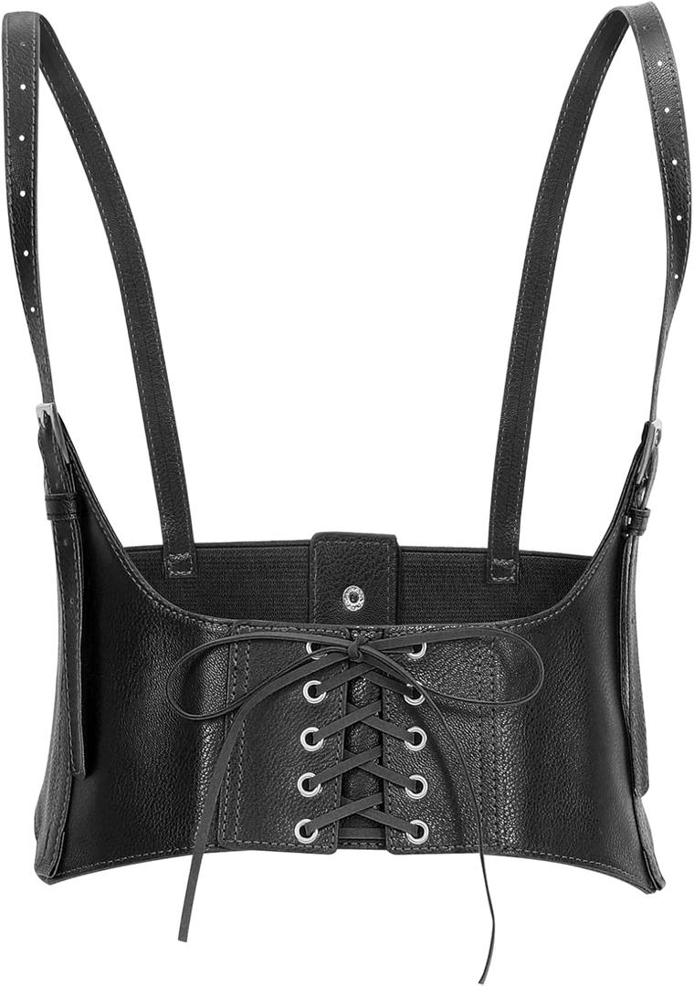 JASGOOD Women Faux Leather Corset Waist Belt Elastic Wide Underbust Corset Lace-up Steampunk Waspie Belt For Halloween