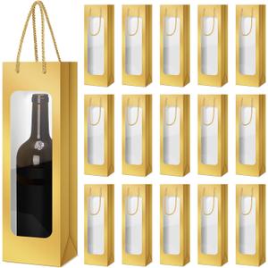 Tioncy 24 Pcs Single Wine Bottle Gift Bag Bulk Wedding Champagne Boxes with Clear Window Handles Reusable Holiday Party Favor(Gold)