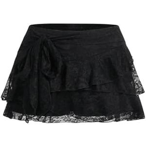 SHENHE Women's Lace Low Rise Y2k Layered Ruffle Tie Bow Mini Skirt Cute Cake Skirt, M