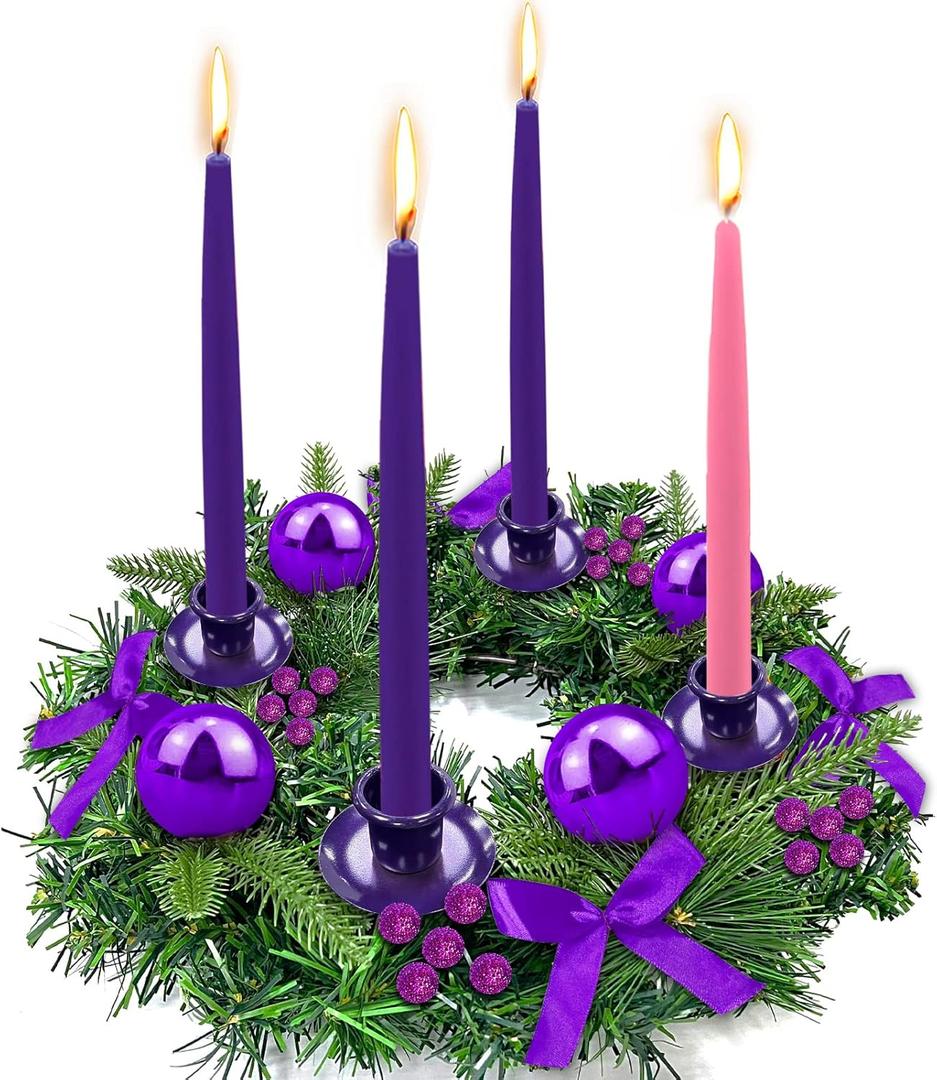 [Safety Fire Retardant] Purple Christmas Advent Wreath Decoration, Lifelike Feel 4 Advent Candle Holder Centerpiece Christmas Decorations Gift for Church Holiday Home Indoor Ribbons Balls(No Candles)