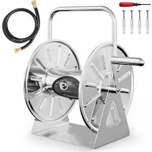 SPECILITE Stainless Steel Garden Hose Reel, Portable Outdoor Metal Wall Mount/Floor Spool, Holds 5/8 Inch 75ft Capacity, with 6ft Leader Water Pipe, UV Resistant Yard, Patio