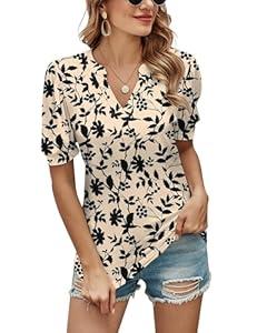 Romanstii Women Casual V-Neck T-Shirts Loose Puff Short Sleeve Tops Tunic Blouses  L