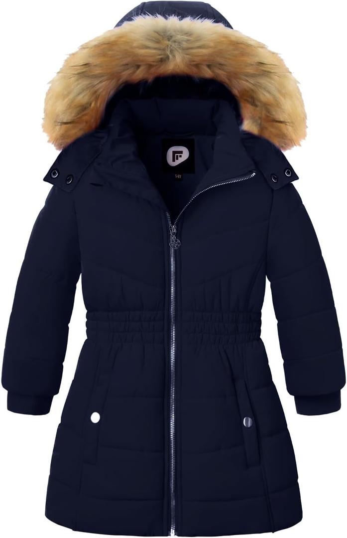 Garemcy Girls Winter Coat Long Warm Waterproof Fleece Lined Puffer Jacket With Detachable Hood & Fur Trim (11-12 Years, Navy)