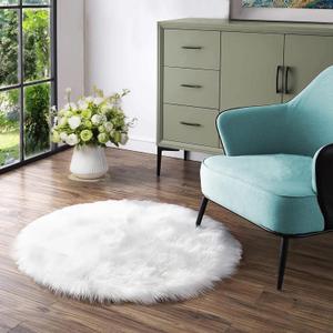 White Round Rugs 4ft Fuzzy Washable Rug Faux Sheepskin Fur Rug for Bedroom Cushion Fluffy Circle Rugs for Living Room Dorm Room Décor