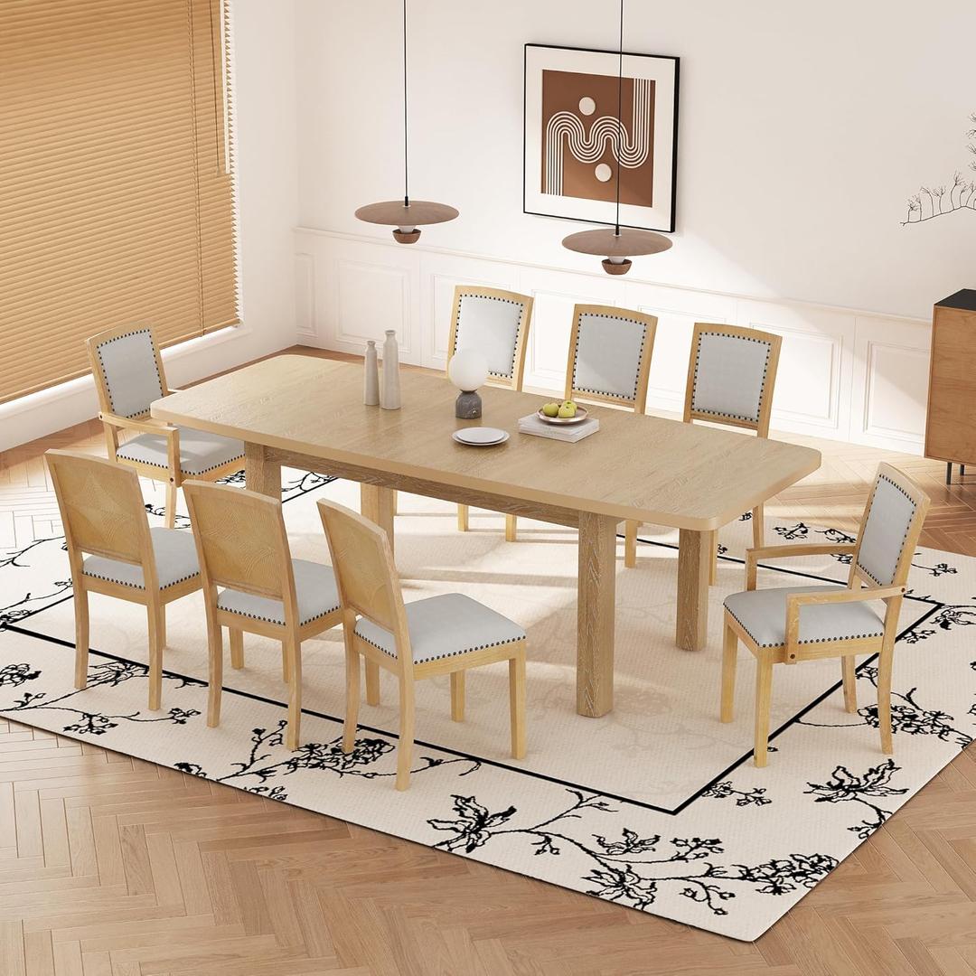 Merax 9-Piece 84" Extendable Dining Table Set with 24" Removable Leaf,8 Upholstered Dining Chairs,Natural