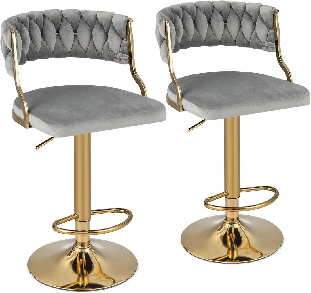Velvet Adjustable Bar Stools Set of 2, Max Load 400 Lbs, Modern Upholstered Swivel Barstools with Woven Back, Footrests, Adjustable Height Bar Chairs for Kitchen Island Cafe Pub, Grey+Gold