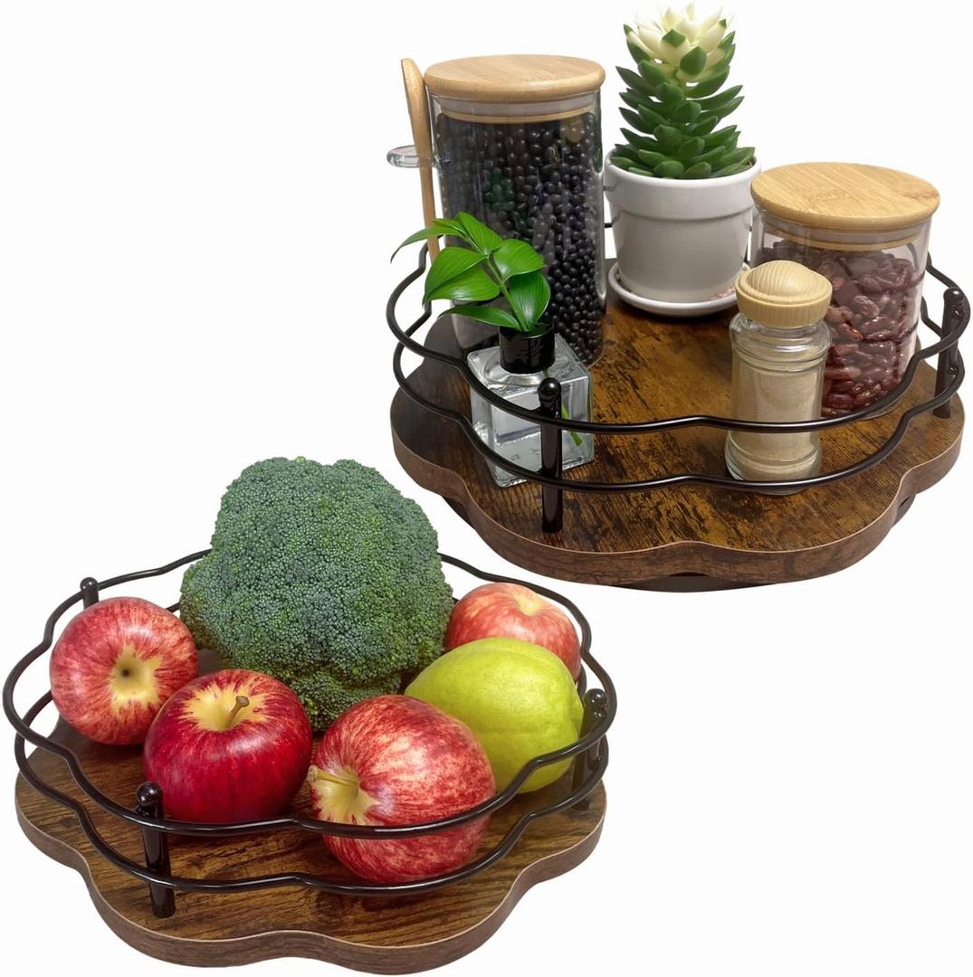 2 Pack, 11" & 12" Wooden Lazy Susan Turntable with Higher Metal Sides, 360 Rotating Lazy Susan Organization and Storage for Cabinet, Table Top, Kitchen, Countertop, Dining Table, Pantry, Coffee Bar, Dark Brown 
