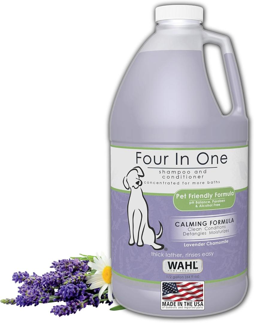 Wahl USA 4-in-1 Calming Pet Shampoo for Dogs with a Lavender Chamomile Scent  Cleans, Conditions, Detangles, & Moisturizes - Pet Friendly Formula  64 Oz - Model 821000-050