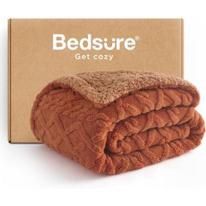 Bedsure Gentlesoft Sherpa Fleece Blanket Twin Size for Bed - Fluffy & Cozy Cable Jacquard Tufted for Women Gift, Thick and Warm Christmas Blanket for Winter, Orange, 60x80 Inches