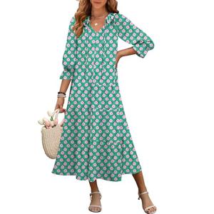ANRABESS Women's Boho Maxi Dresses 2025 Summer Casual V Neck Puff Sleeve Floral Tiered Flowy Swing Beach Vacation Long Dress Medium