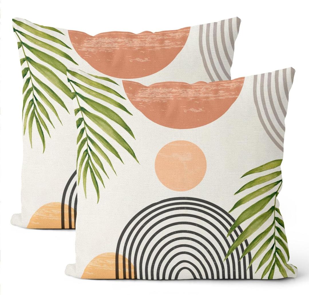 Boho Pillow Covers 18x18 Set of 2, Mid Century Green Leaf Farmhouse Decorations Outdoor Throw Pillow Covers Modern Tropical Bohemian Sunset Decorative Linen Cushion Case for Couch Sofa Home