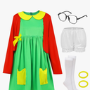 Panitay 7 Pcs Women's Halloween Costume Outfits Green Dress Red Knit Cardigan Shorts Glasses Socks Hair Tie for Cosplay