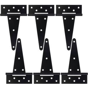 8 Inch T-Strap Gate Hinges, Shed Barn Door Hinges Heavy Duty, Black Tee Hinges for Wooden Fences, Yard Gate, Wrought Hardware Iron Rustproof (6Pack/Set)