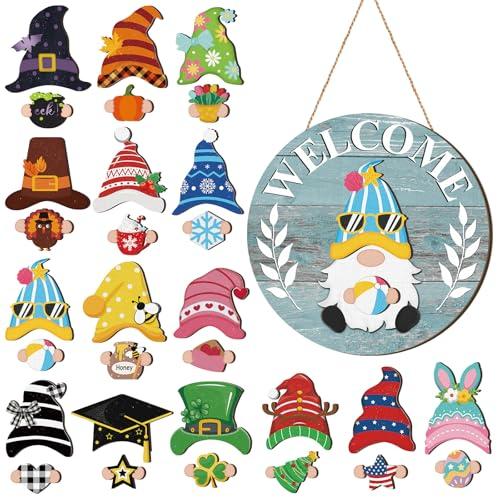 Qunclay Interchangeable Wooden Gnome Decor Holiday Seasonal Gnome Decorations with Magnet Pieces and Detachable Hats Changeable Welcome Sign for Home(Blue Style)