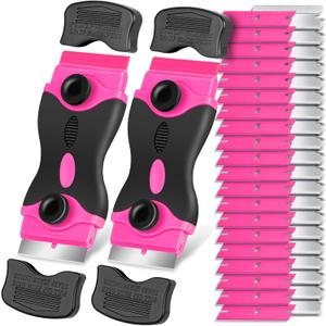 Razor Blade Scraper Tool Kit - 2Pack Razor Scrapers & 40Pcs Extra Blades, Plastic Paint Scraper Tool, Razor Scraper Tool for Glass Top Stove, Scrappers for Cleaning Window, Cooktop, Oven, Floor