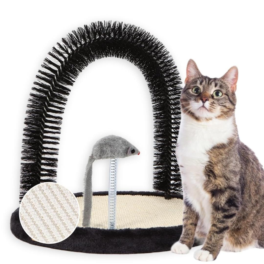 Happi N Pets Cat Self Groomer, Arch Grooming Brush wtih Heavy Duty Woven Sisal Pad, Rubbing Post & Catnip Toy, Cat Face Scratchers Body Massager, Cat Scratchers for Indoor Cats, Black (Smokey Gray)
