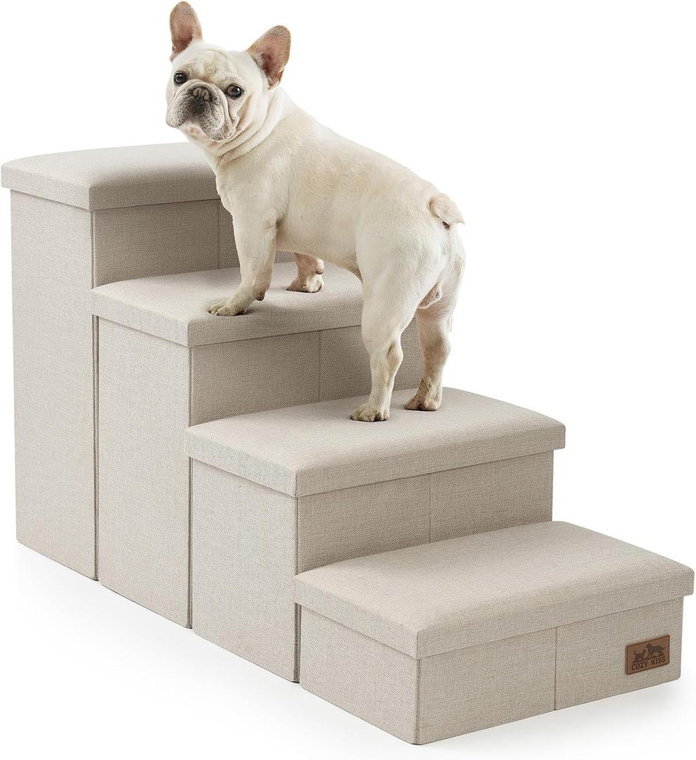 Dog Stairs with Storage, 4-Step Wider Sturdy Dog Steps for Dogs and Older Cats, Folding Doggie Ramp for Bed/Couch/Car Hold Up to 180 lbs (22" H, Beige), Size: 38.1"L x 17"W x 22"H
