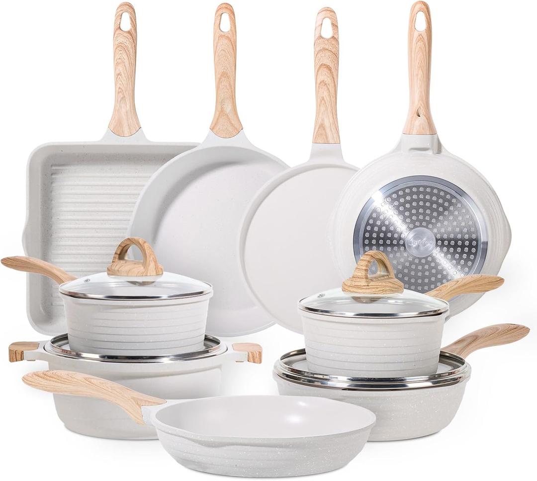 JEETEE 23pcs Pots and Pans Set Non Stick, White Cookware Sets for Kitchen, w/Frying Pans, Saucepans, Saut & Griddle & Crepe Pan, Induction Cooking Pots (PFOA/PFAS Free), 23 pcs White Aluminum