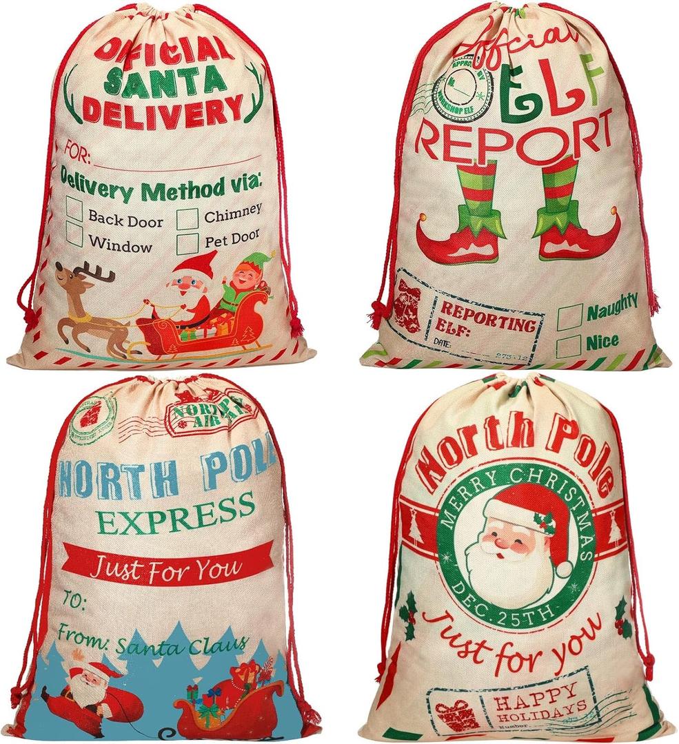 Zonon 4 Pcs Large Christmas Canvas Gift Bag with Drawstring - Xmas Canvas Sack for Present Package Storage, 27.6 x 19.7 Inch