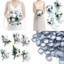 Ling's moment Wedding Artificial Flowers Package, Bridal Bouquet, Bridesmaid Bouquets, Boutonniere for Men, Rose Petals