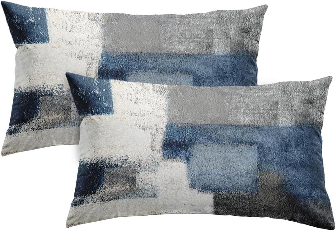 2PC Lumbar Decor Throw Pillow Covers Blue and Grey Cushions Rectangle Design Abstract Art Painting Style Modern Contemporary Home Decorative Cushion Pillow Cases 12" x 20" Pillowcases