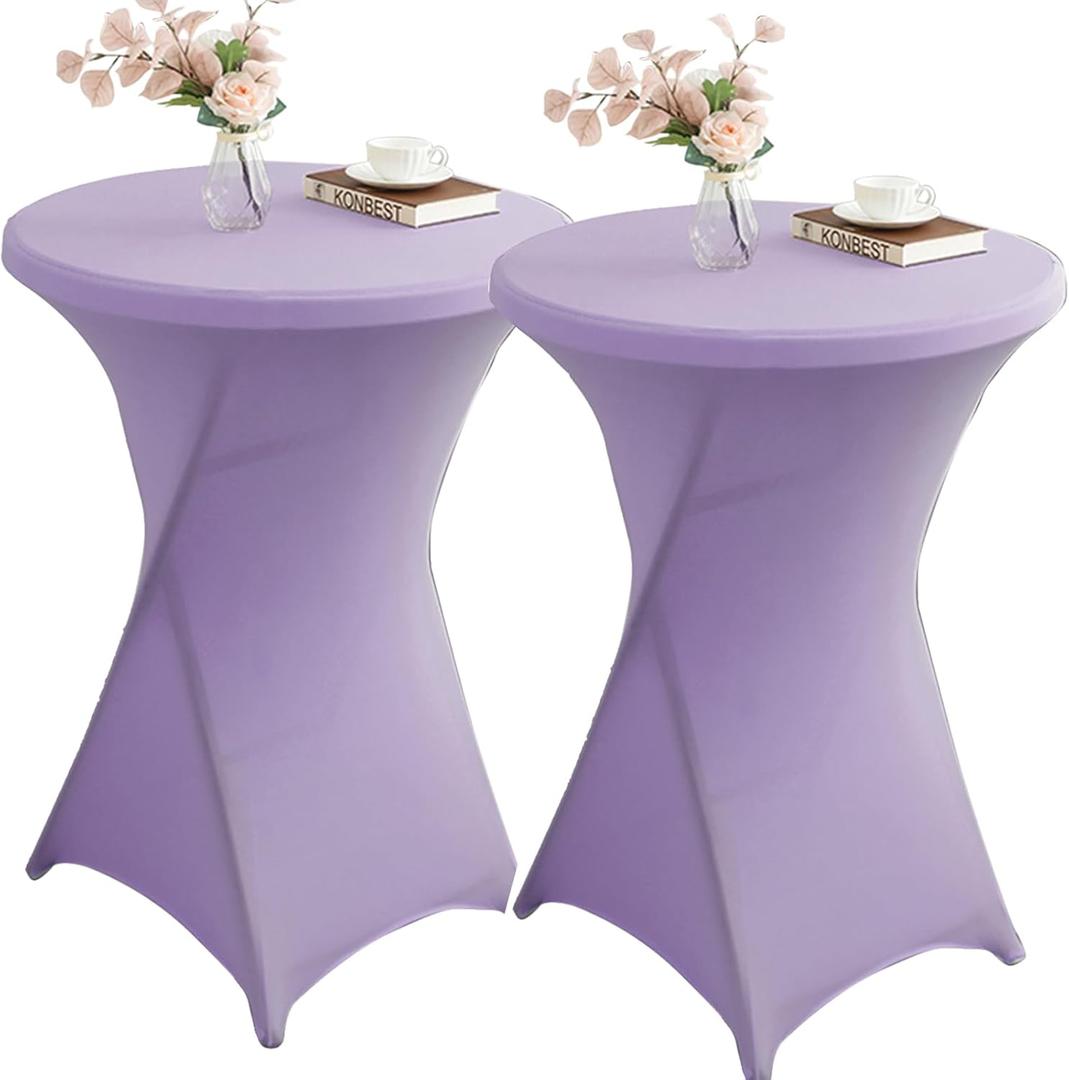 Qubjus 2 Pack Stretch Spandex Round Cocktail Tablecloth 32" x 43"  Elastic Fitted Table Cover for Weddings, Banquets, Parties, Restaurants  Light Purple