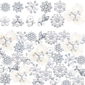 Hicarer 44 Pieces Pearl Rhinestone Buttons Rhinestone Faux Pearl Embellishments Brooch Alloy Floral Pendants for Jewelry Making Party Wedding Bridal Bouquet DIY Home Decoration(Silver)