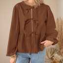 PRETTYGARDEN Women's Spring Fall Babydoll Peplum Blouse Shirt Puff Long Sleeve Bow Tie Front Trendy Cute Y2K Going Out Tops (Brown, L)