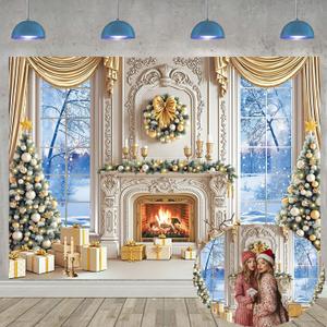 Christmas Fireplace Photo Backdrop 8x6FT Winter Snow Scenery Xmas Trees White Fireplace Background for Family Winter Holiday Christmas Party Decorations Supplies Portrait Photo Props