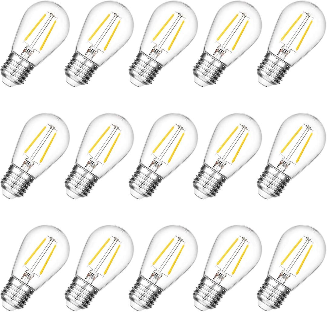 15-Pack S14 2W LED Outdoor String Light Replacement Bulbs, Warm White
E26 Base, 120V, Shatterproof Vintage Edison Bulbs, Equivalent to 11-25 Watt, Patio Backyard Garden Cafe Bistro Deck