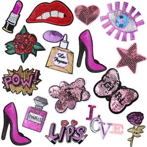 Ysleen 16 Pieces Purple Sequin Iron on Patches DIY Embroidered Patch Sequin Applique Lip Lipstick Patch Decoration Clothing Jeans Bag Sew on Repair for Woman Girl Garment Bag Shoes Caps Decor