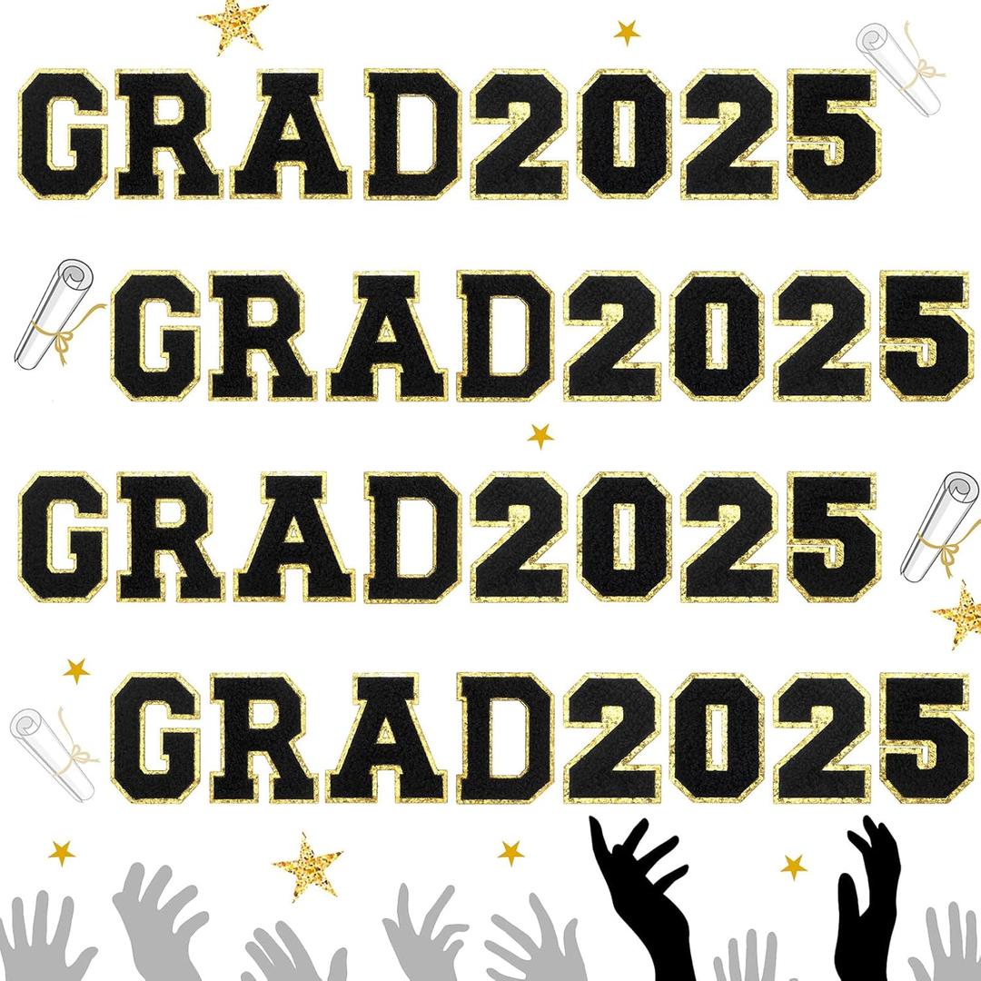 Lyrow 32 Pcs Self Adhesive Grad 2025 Iron on Patches Sew on Chenille Letter Patches Glitter Graduation Embroidered Applique Decor for DIY Cloth Graduation Decor 2.1 Inch, Black