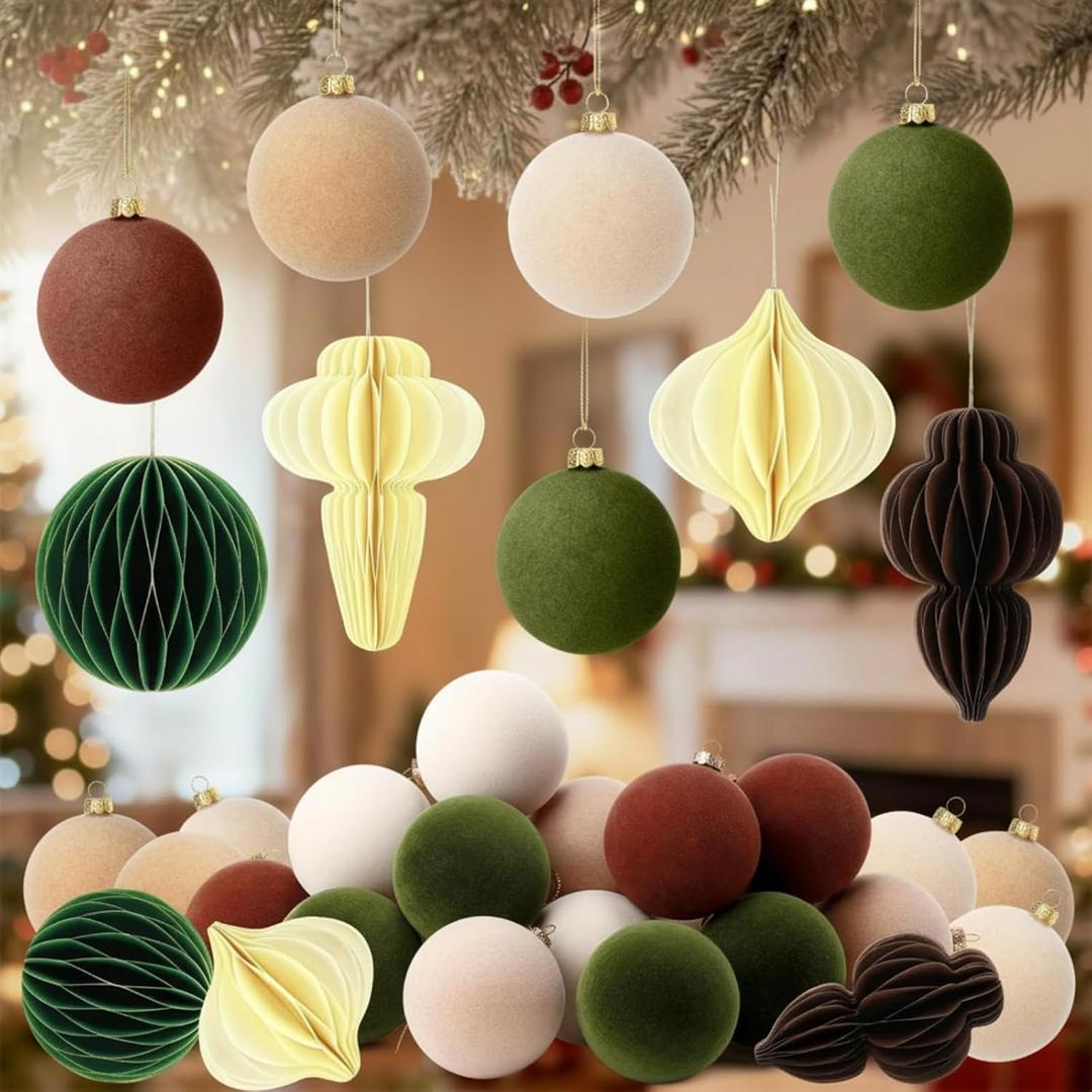 Soulchen 32 Pcs Christmas Tree Decorations Bulk Velvet Ball Ornaments Paper Honeycomb Ornaments for Tree Neutral Retro 3D Honeycomb Lanterns Hanging Flocked Ball for Xmas Holiday Party Decor