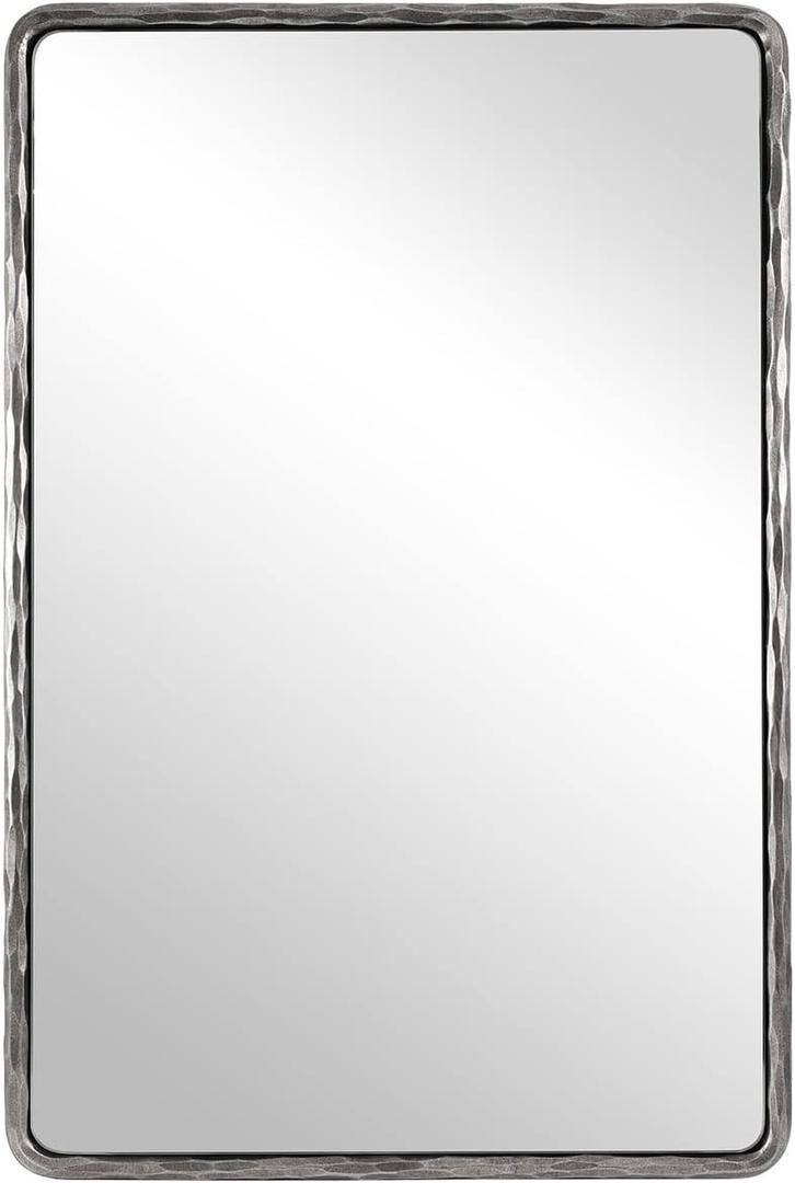 ANDY STAR Hand-Forged Silver Bathroom Mirror for Wall, 24x36 Inch Vintage Solid Steel Metal Frame Bathroom Vanity Mirror, Antique Rounded Rectangle Wall Mirror, Hangs Horizontally or Vertically