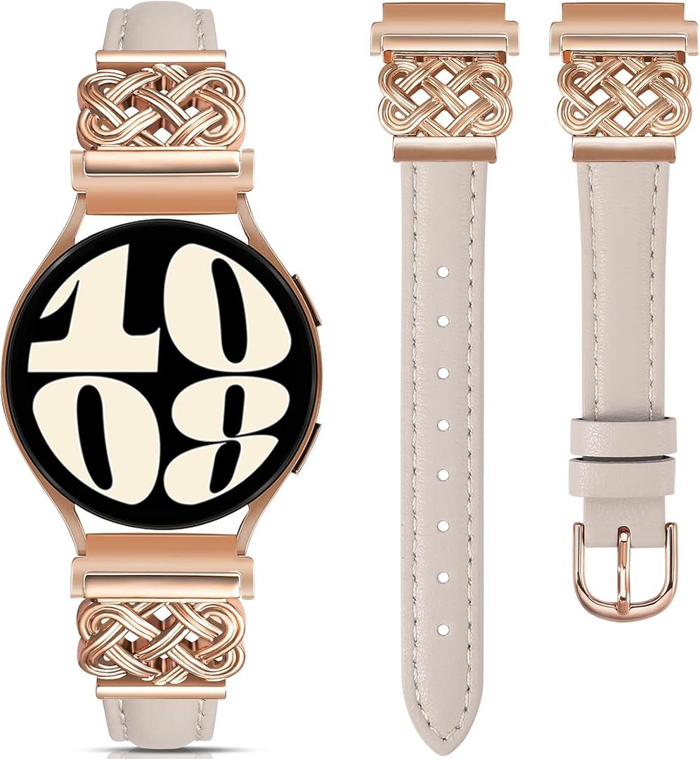 TOYOUTHS Celtic Knot Leather Band Compatible with Samsung Galaxy Watch 7 6 5 4 FE 40mm 44mm/Watch 6 Classic/Watch 5 Pro/Watch 4 Classic/Active 2/Watch 3 41mm Women, 20mm Slim Dressy Leather Strap (Starlight/Rose Gold Buckle)