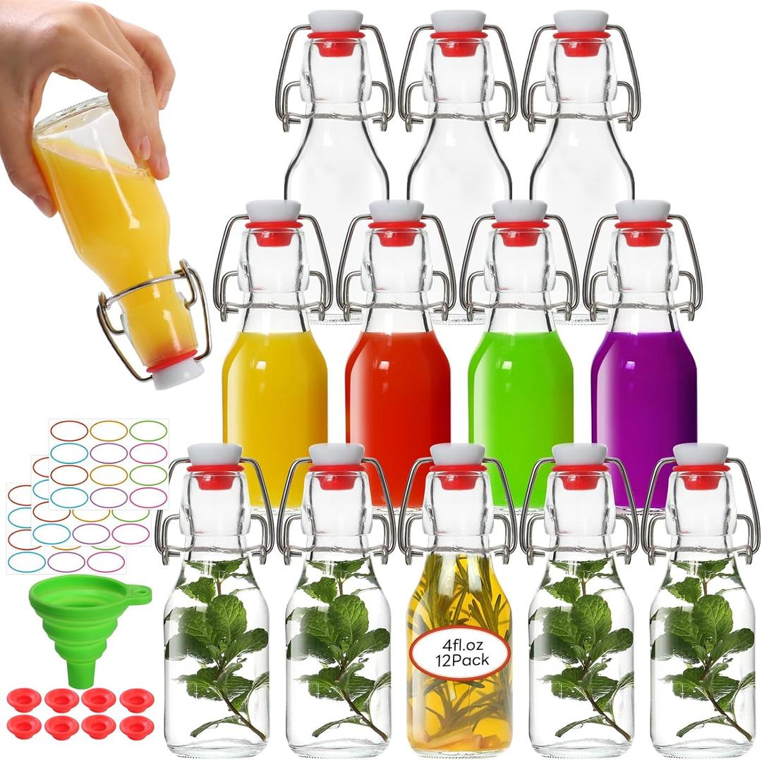 AuroTrends Swing Top Glass Bottles 4 oz 12Pack, Flip Top Glass Bottles with Airtight Flip Lids for Vanilla Extract Bottles/Home Brewing/Beverages/Oil (4 fl. oz, Set of 12) (Transparent)