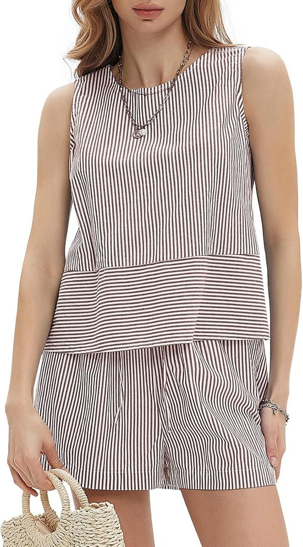 EXLURA Women's Summer 2 Piece Outfits Sleeveless Tank Top Matching Shorts Sets Cotton Striped Sweatsuits Vacation Beach 2025 (Coffee White), Small