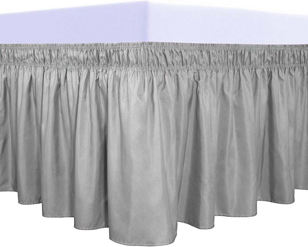 PureFit Wrap Around Ruffled Bed Skirt with Adjustable Elastic Belt - 18 Inch Drop Easy to Put On, Wrinkle Free Bedskirt Dust Ruffles, Bed Frame Cover for Queen, King and C-King Size Beds, Gray